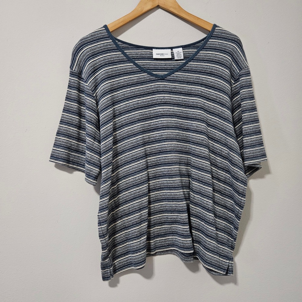 Parisian Works Woman Blue‎ White Striped V-Neck Cotton T-Shirt Plus Size 2X
